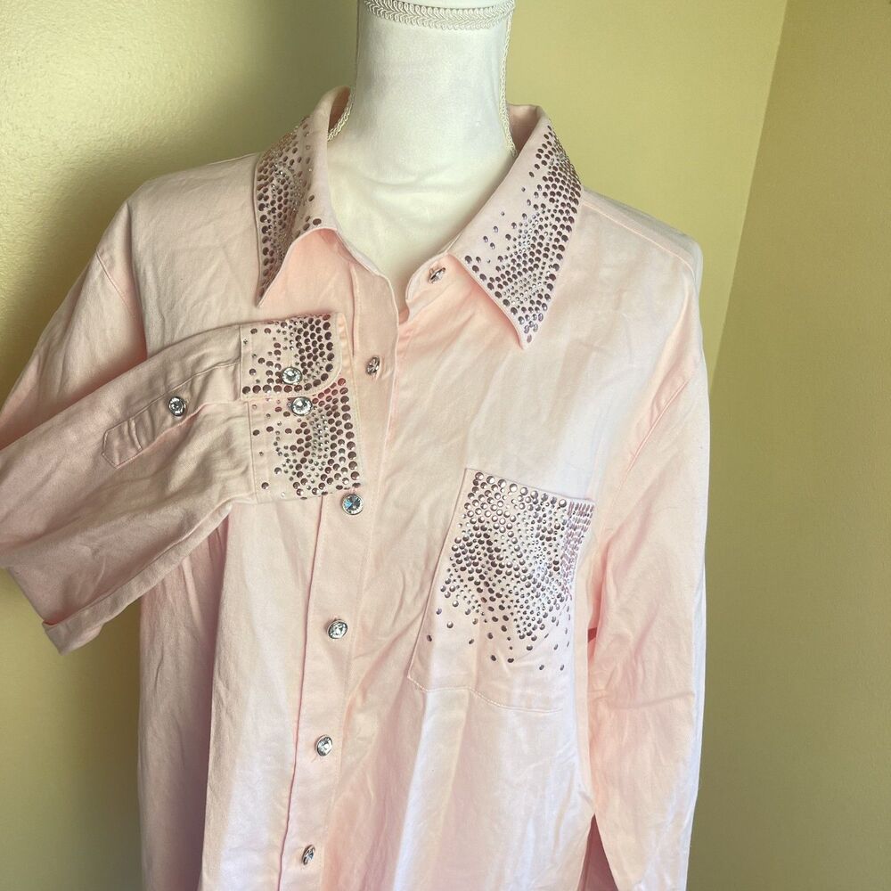 Quaker Factory Y2K Pink Western Bling Button Up Shirt XL Barbie Glam Cowgirl - Picture 7 of 16